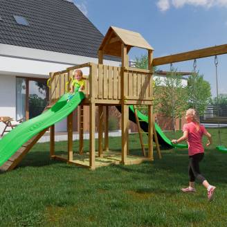 Holzspielplatz Woody Tree House TGG Play mit zwei Rutschen, zwei Schaukeln und Sandkasten für den Garten