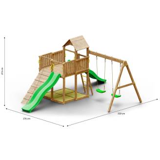 Holzspielplatz Woody Tree House TGG Play mit zwei Rutschen, zwei Schaukeln und Sandkasten für den Garten