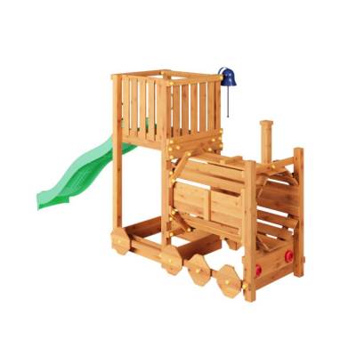 Holzkinderspielplatz Fungoo Loco mit Rutsche in Teakfarbe