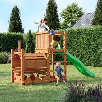 Holzkinderspielplatz Fungoo Loco mit Rutsche in Teakfarbe