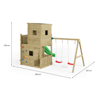 Holzspielhaus Fungoo Lofter 2S mit Rutsche, zwei Schaukeln und Kletterwand