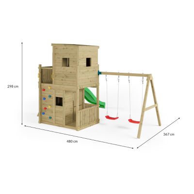 Holzspielhaus Fungoo Lofter 2S mit Rutsche, zwei Schaukeln und Kletterwand