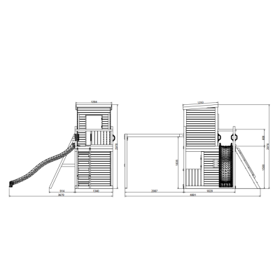 Holzspielhaus Fungoo Lofter 2S mit Rutsche, zwei Schaukeln und Kletterwand