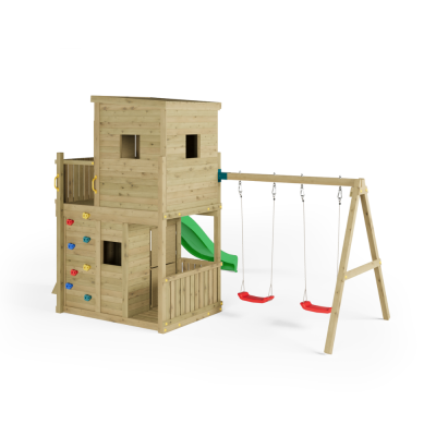 Holzspielhaus Fungoo Lofter 2S mit Rutsche, zwei Schaukeln und Kletterwand