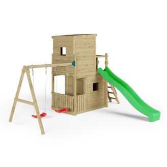 Holzspielhaus Fungoo Lofter 2S mit Rutsche, zwei Schaukeln und Kletterwand