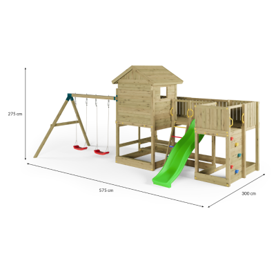 Holzspielhaus Fungoo Longstepper mit Rutsche, zwei Schaukeln, Picknicktisch und Kletterwand