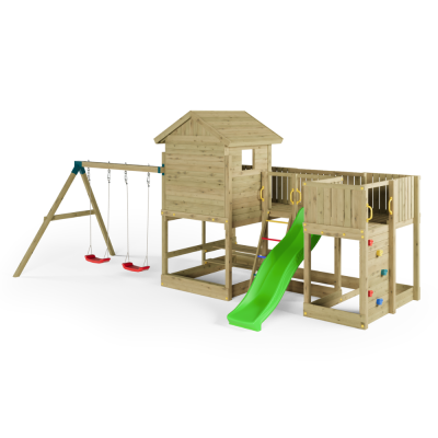 Holzspielhaus Fungoo Longstepper mit Rutsche, zwei Schaukeln, Picknicktisch und Kletterwand