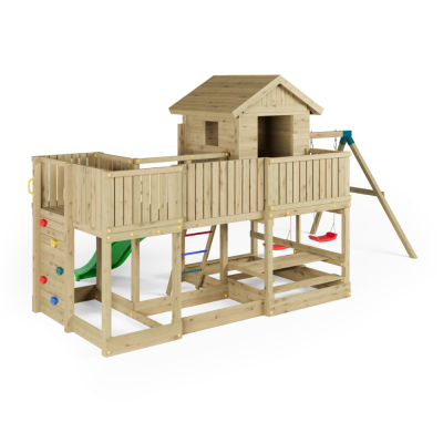 Holzspielhaus Fungoo Longstepper mit Rutsche, zwei Schaukeln, Picknicktisch und Kletterwand