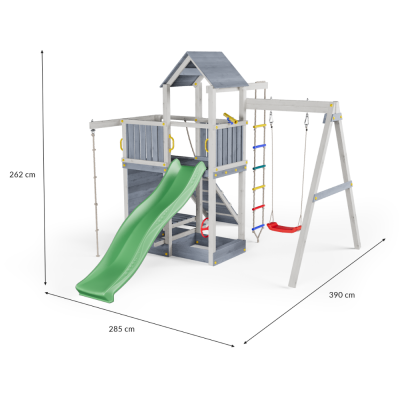 Holzspielhaus für Kinder mit Rutsche und Schaukel – Spielplatz Fungoo ACTIVER KDI Grau und Weiß