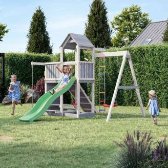 Holzspielhaus für Kinder mit Rutsche und Schaukel – Spielplatz Fungoo ACTIVER KDI Grau und Weiß